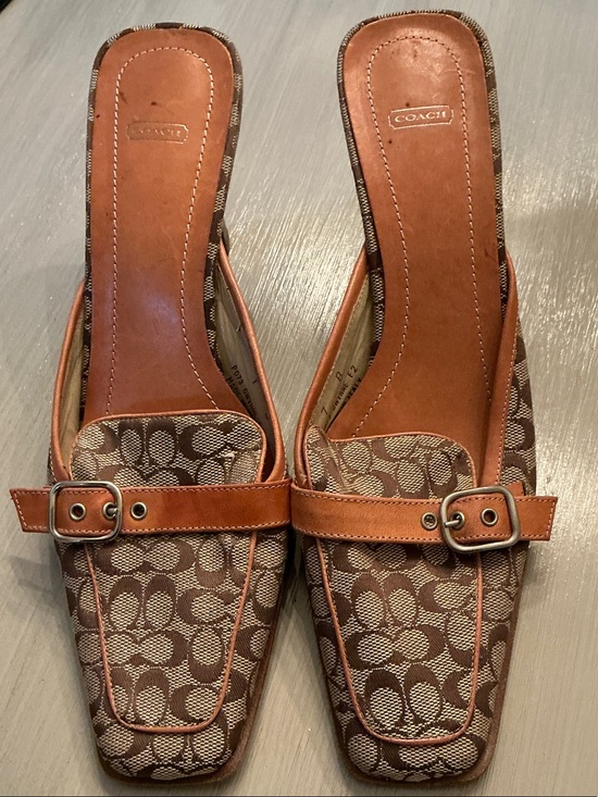 Coach Shoes - Coach Tan & Brown Signature Canvas Slide Mules with Leather Trim, 3” heel